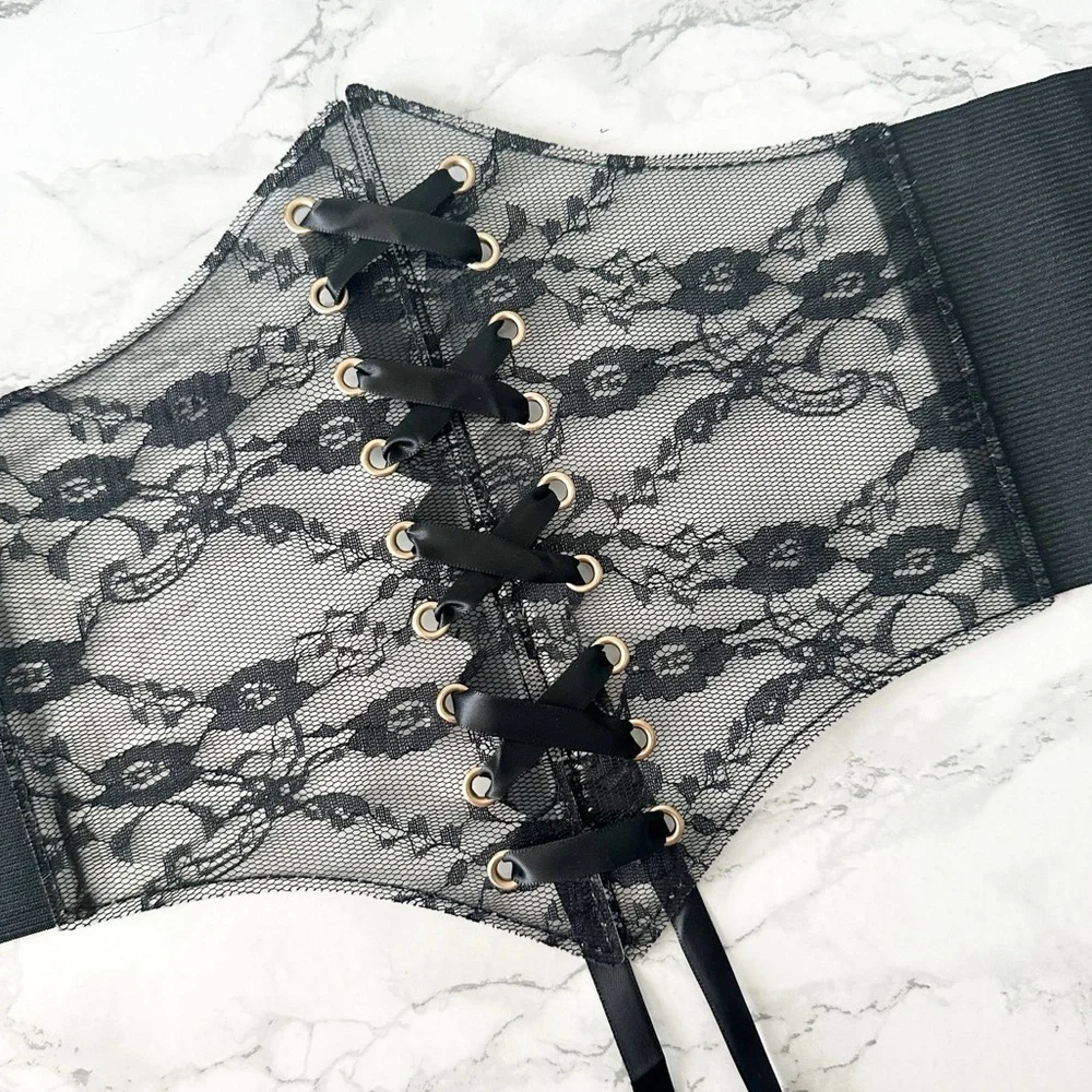 Romantic Black Lace Corset Style Waist Belt Stretch Snap Back Closure Size Small - Picture 10 of 12